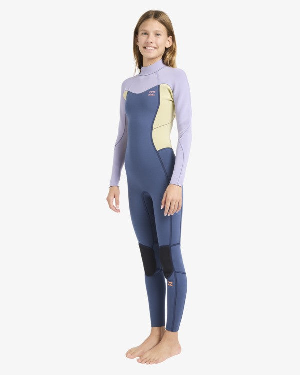 Traje de neopreno de surf para chicas Billabong Synergy 3/2mm azul Stormy Blue con cremallera posterior