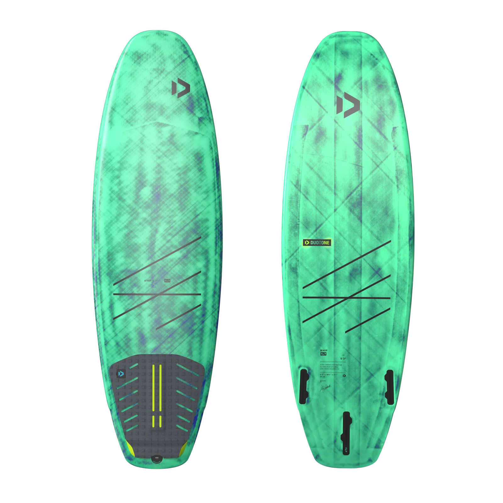 Tabla de surfkite direccional Duotone Whip SLS 2026 vista superior del deck