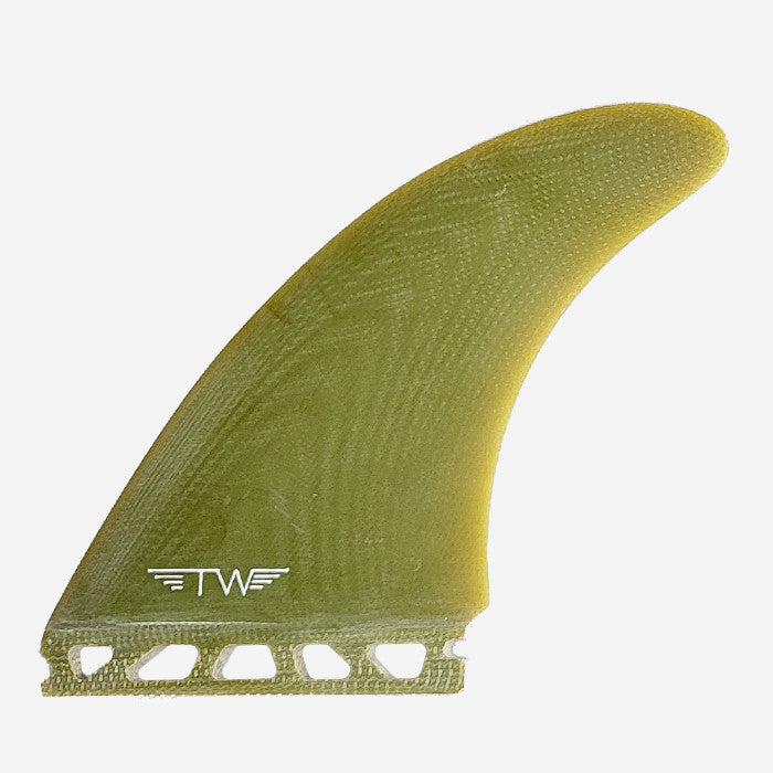Set de quillas de surf Twin Fin de fibra de vidrio Captain Fin Co. Tyler Warren en color verde oliva translúcido
