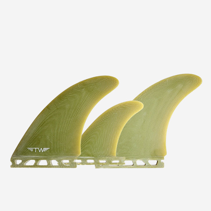 Set de quillas de surf Twin Fin de fibra de vidrio Captain Fin Co. Tyler Warren en color verde oliva translúcido