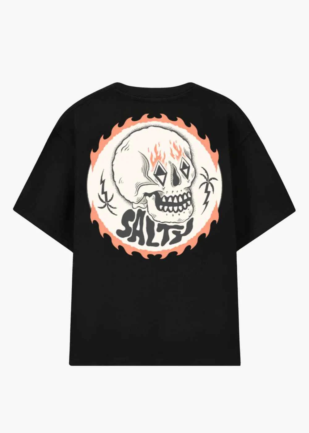 Camiseta de surf Salty Flame Tee con diseño gráfico de fuego en la espalda