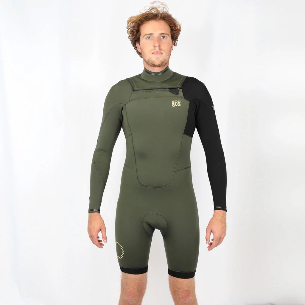 Traje de neopreno shorty de manga larga para hombre 3/2mm Soöruz Fighter Chest Zip color caqui