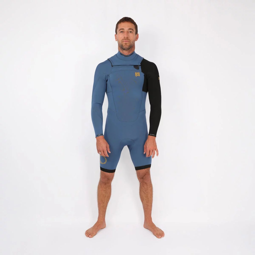 Traje de neopreno shorty de manga larga para hombre 3/2mm Soöruz Fighter Chest Zip color azul